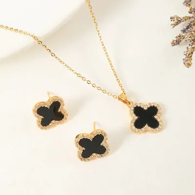 Beautiful Rhinestone Clover Design Four Leaf Jewelry Set (3 pcs)